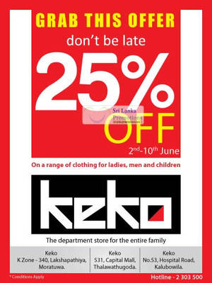 Featured image for (EXPIRED) Keko 25% Off Ladies, Men & Kids Clothing Promotion 2 – 10 Jun 2012