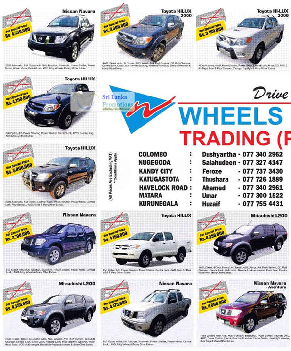 Featured image for Wheels Lanka Nissan, Toyota, Mitsubishi & Land Rover Price List Offers 17 Jun 2012