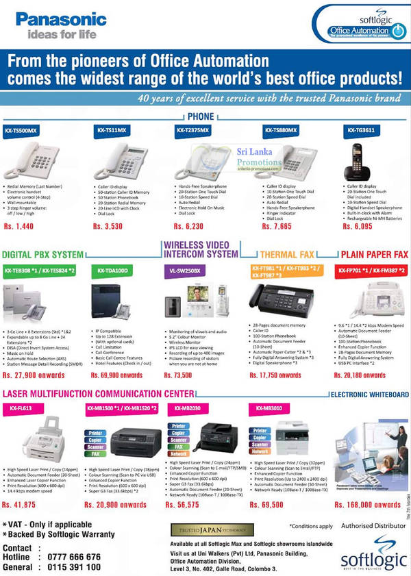 Featured image for Panasonic Office Phones, Fax Machines & Printer Softlogic Price List Offers 14 Jun 2012