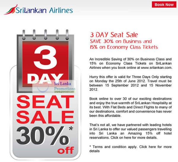 Featured image for (EXPIRED) SriLankan Airlines Up To 30% Off Seat Sale 25 – 27 Jun 2012