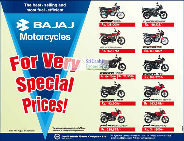 Featured image for Bajaj Motorcycles David Pieris Price List Offers 4 Aug 2012