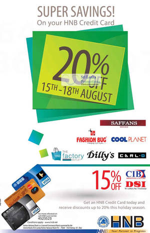 Featured image for (EXPIRED) HNB Credit Cards 20% Off Promotions 15 – 18 Aug 2012
