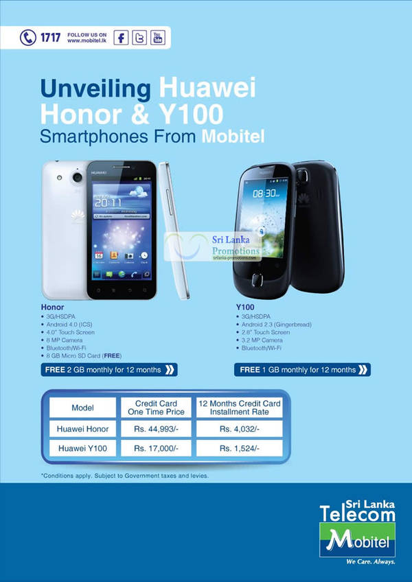 Featured image for Mobitel Huawei Honor & Huawei Y100 Promotion Offers 19 Aug 2012
