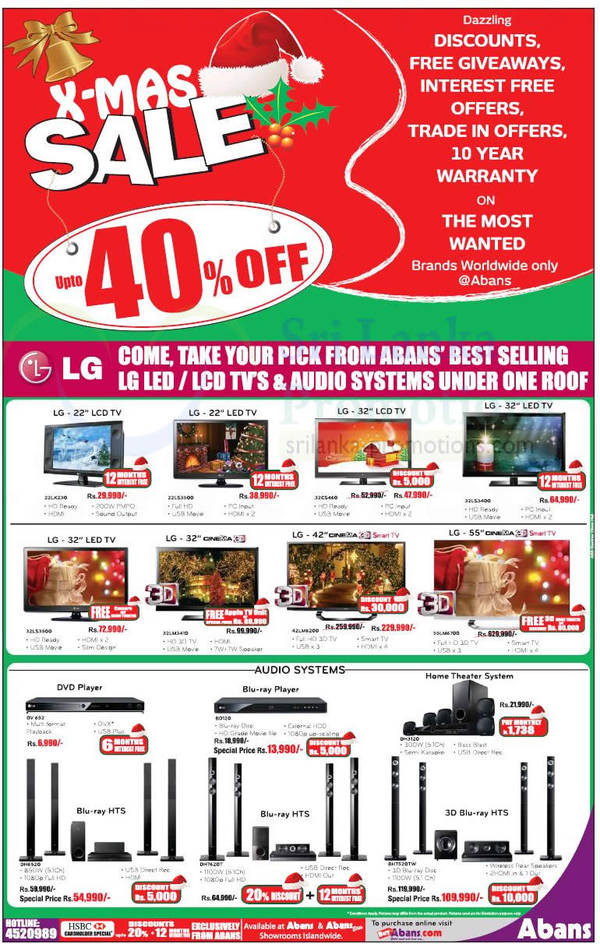 Featured image for Abans LED TVs, Home Theatre System Price Lists Christmas Sale 11 Nov 2012.