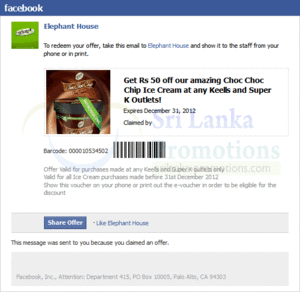 Featured image for (EXPIRED) Keells & Super K Coupon Rs 50 Off Elephant House Choc Choc Chip Ice Cream 19 – 31 Dec 2012