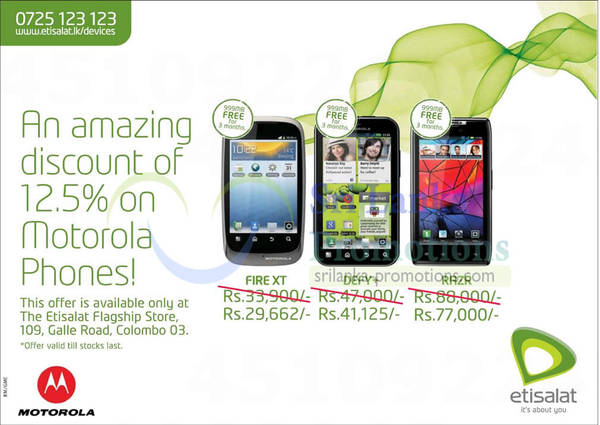 Featured image for Etisalat Motorola Mobile Phones 12.5% Off Promotion @ Galle Road 13 Jan 2013