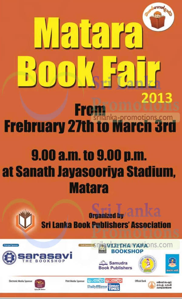 Featured image for (EXPIRED) Matara Book Fair @ Sanath Jayasooriya Stadium 27 Feb – 3 Mar 2013