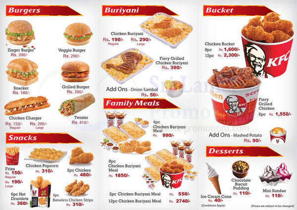 KFC Menu Prices From 25 Oct 2015 | Sri Lanka Promotions