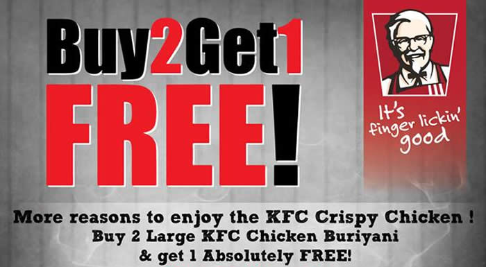 Featured image for KFC: Buy 2 Get 1 Free Chicken Buriyani at Selected Outlets from 30 - 31 Aug 2016