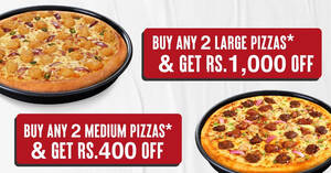 Featured image for Pizza Hut Sri Lanka: Buy any 2 Medium / Large Pizzas and get up to Rs. 1000 off till Apr. 30, 2022