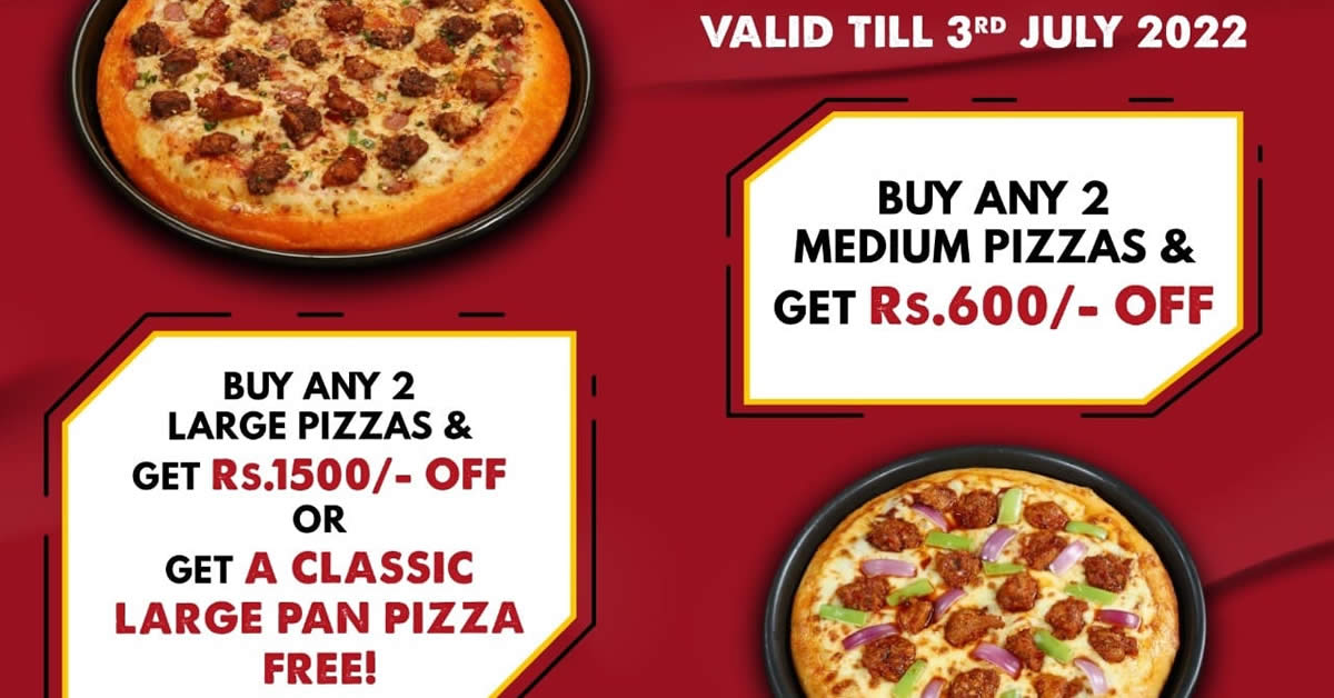 Featured image for Pizza Hut Sri Lanka: Buy any 2 Medium / Large Pizzas and get up to Rs. 1,500 off till 3 July 2022
