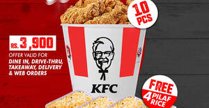 Featured image for KFC Sri Lanka selling 10pcs Chicken Bucket for just Rs. 3900 on 1 Feb 2023, comes with 4 Biriyani Pilaf Rice too