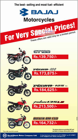 Featured image for Bajaj Motorcycles David Pieris Special Prices 29 Jun 2012