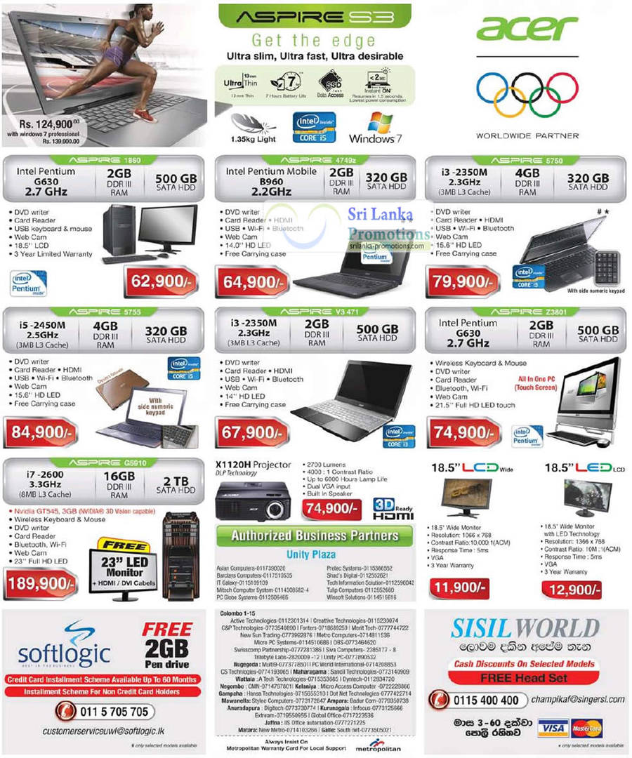 Acer Aspire Notebooks, Desktop PCs, PRojector, S3, 1860, 4749Z, 5750, Z3801, V3471, 5755, PCG5910, X1120H