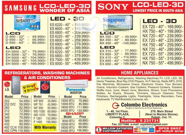 Featured image for Colombo Electronics TV, Fridge and Appliances Price Offers 26 Aug 2012