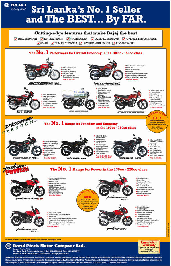 Featured image for Bajaj Motorcycle David Pieris Offers 4 Sep 2012