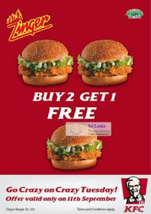 Featured image for (EXPIRED) KFC Sri Lanka Zinger Buy 2 Get 1 Free Promotion 11 Sep 2012