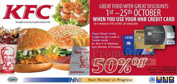 Featured image for (EXPIRED) KFC Sri Lanka 30% Off For HNB Credit Cardmembers 12 – 31 Oct 2012