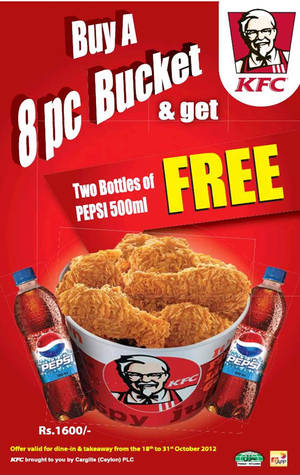 Featured image for KFC Sri Lanka FREE Two Pepsi Bottles With 8pc Bucket Purchase 18 – 31 Oct 2012