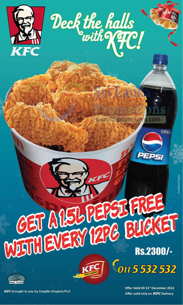 Featured image for KFC Sri Lanka FREE 1.5L Pepsi With 12pc Bucket (Delivery Only) 8 – 31 Dec 2012