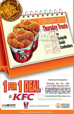 Featured image for KFC 1 For 1 Deals For Sampath Credit Cardmembers On Thursdays 7 – 28 Feb 2013