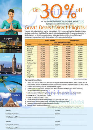 Featured image for (EXPIRED) SriLankan Airlines 30% Off Air Fares Promotion @ Damso Mela Ambalangoda 27 – 31 Mar 2013