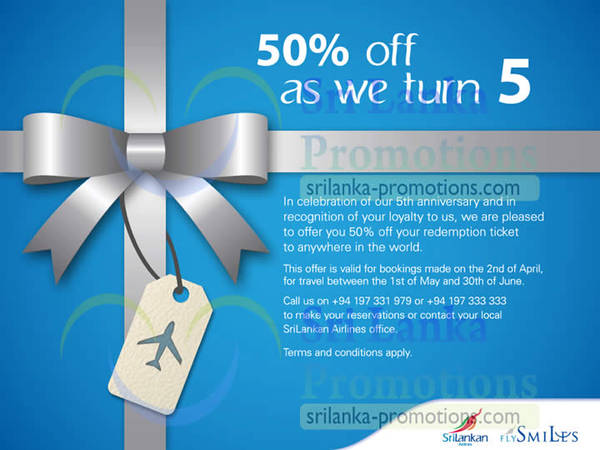 Featured image for (EXPIRED) SriLankan Airlines 50% Off Air Fares For Flysmiles Members 2 Apr 2013