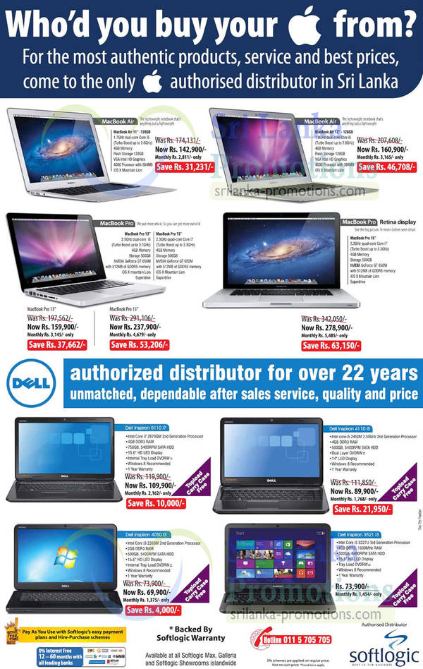 Featured image for Softlogic Apple Macbooks & Dell Notebook Offers 5 May 2013