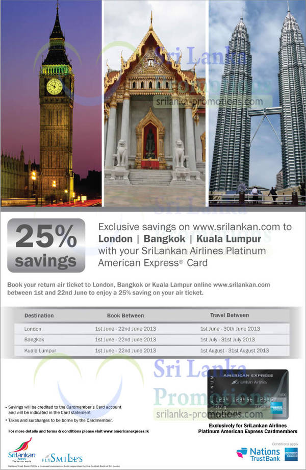 Featured image for (EXPIRED) SriLankan Airlines 25% Off Fares For American Express Cardmembers 1 – 22 Jun 2013