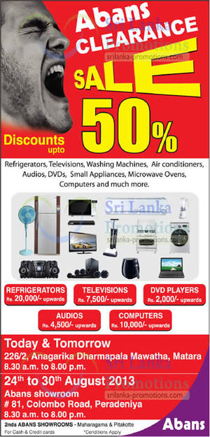 Featured image for Abans Clearance SALE Up To 50% Off @ Two Locations 24 – 30 Aug 2013