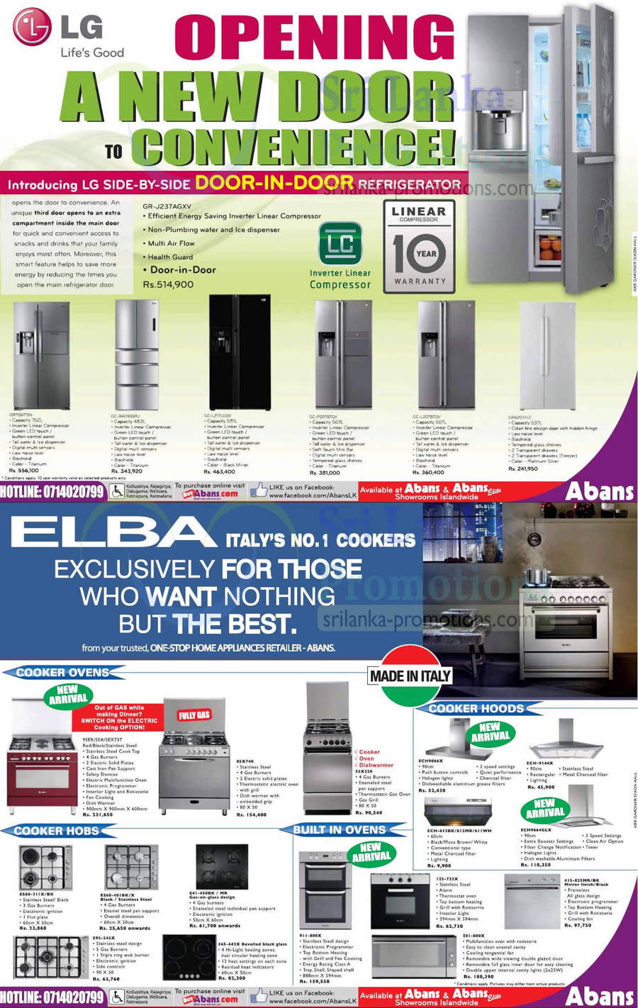 LG Fridges, Elba Appliances Ovens, Hobs, Hoods