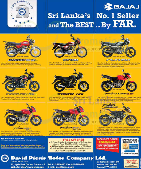 Featured image for Bajaj Motorcycles David Pieris Price List Offers 26 Jan 2014