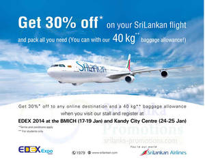 Featured image for SriLankan Airlines 30% Off & 40Kg Baggage Allowance Promo @ BMICH 17 – 19 Jan 2014