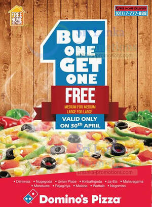 Featured image for Domino’s Pizza Buy 1 Get 1 FREE One Day Promo 30 Apr 2014