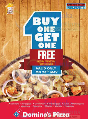 Featured image for (EXPIRED) Domino’s Pizza Buy 1 Get 1 FREE One Day Promo 28 May 2014