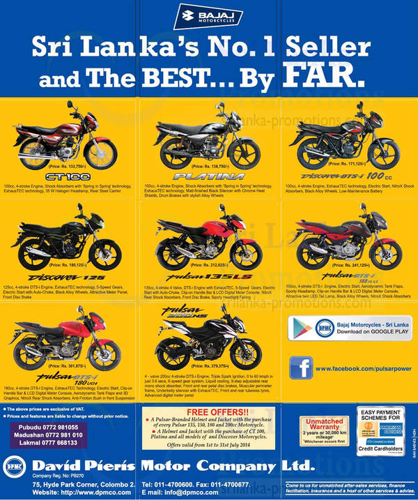 Featured image for Bajaj Motorcycles David Pieris Price List Offers 6 Jul 2014
