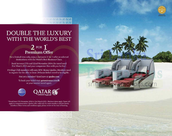 Featured image for Qatar Airways 2 for 1 Business Class Promo Air Fares 17 – 22 Nov 2014