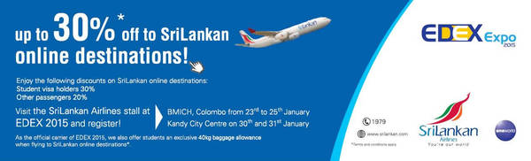 Featured image for Srilankan Airlines Up To 30% OFF @ EDEX Expo BMICH 23 – 25 Jan 2015