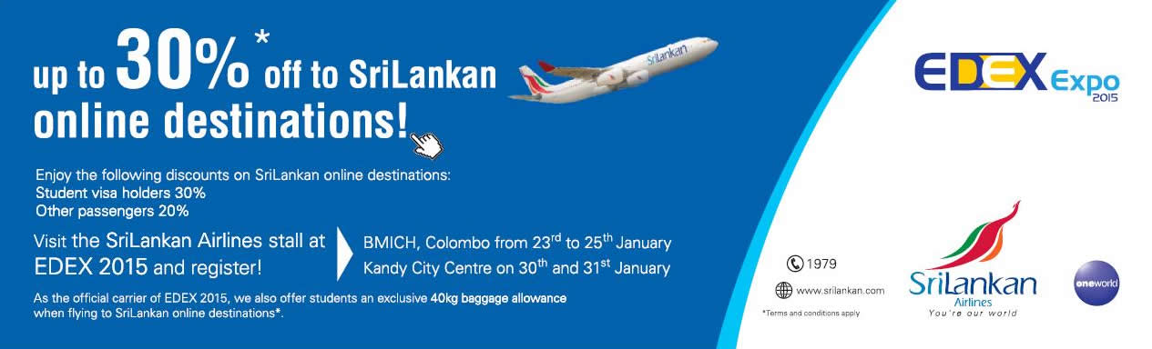 Featured image for Srilankan Airlines Up To 30% OFF Fares @ EDEX Expo Kandy City Centre 30 - 31 Jan 2015