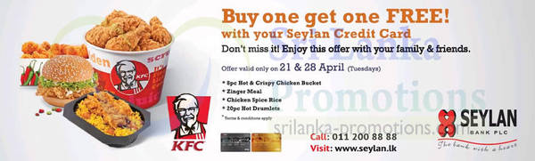 Featured image for KFC Buy One Get One FREE For Seylan Cardmembers (Tuesdays) 21 – 28 Apr 2015