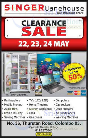 Featured image for Singer Warehouse Clearance Sale @ Colombo 22 – 24 May 2015