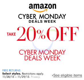 Featured image for Amazon.com 20% OFF Fashion, Travel, Jewellery & More (NO Min Spend) Cyber Monday Coupon Code 28 – 30 Nov 2015
