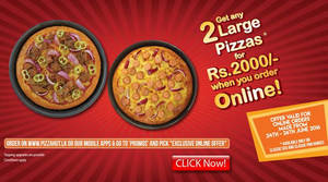 Featured image for Pizza Hut Two Large Pizzas for Rs 2,000 Online Offer from 24 – 26 Jun 2016