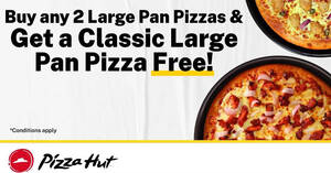 Featured image for Pizza Hut Sri Lanka: Buy any 2 Large Pan Pizzas & get a Classic Range Large Pan Pizza absolutely FREE till 6 Feb 2022
