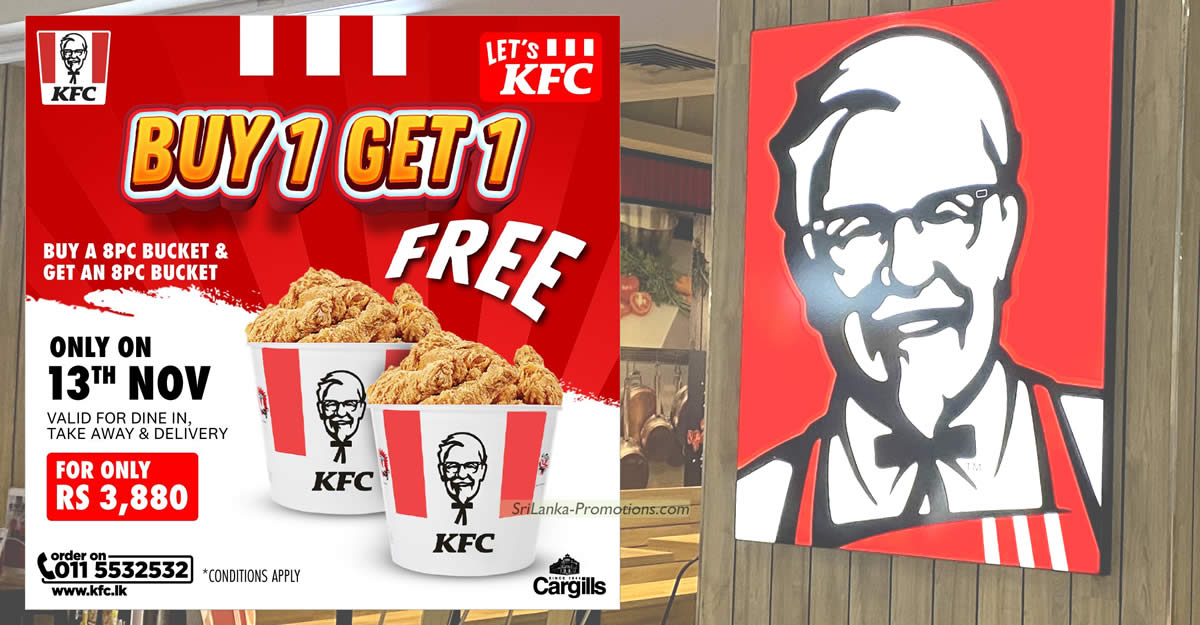 Featured image for KFC Sri Lanka has Buy-1-Get-1-Free 8pc bucket on Monday, 13 Nov 2023