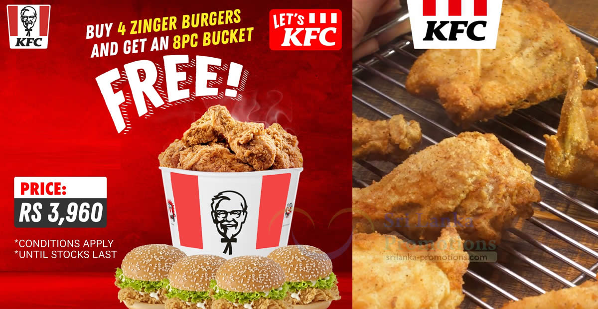 Featured image for Buy 4 KFC Zinger burgers and get an 8-piece bucket absolutely FREE at KFC Sri Lanka outlets on 22 Jan 2024